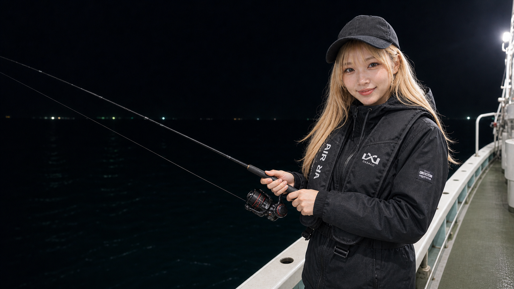 オモリグロッドを両手で構える夜の船上釣り