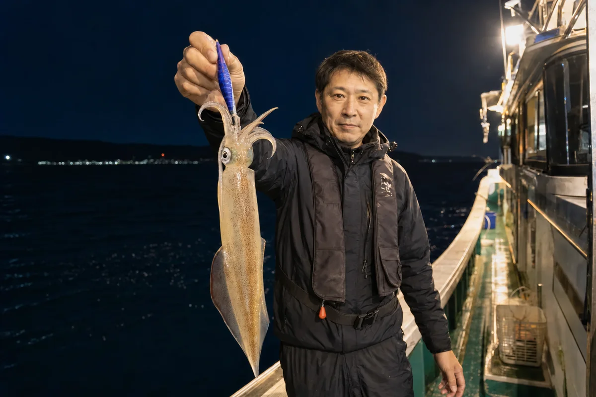 オモリグで釣ったイカを見せる男性アングラー