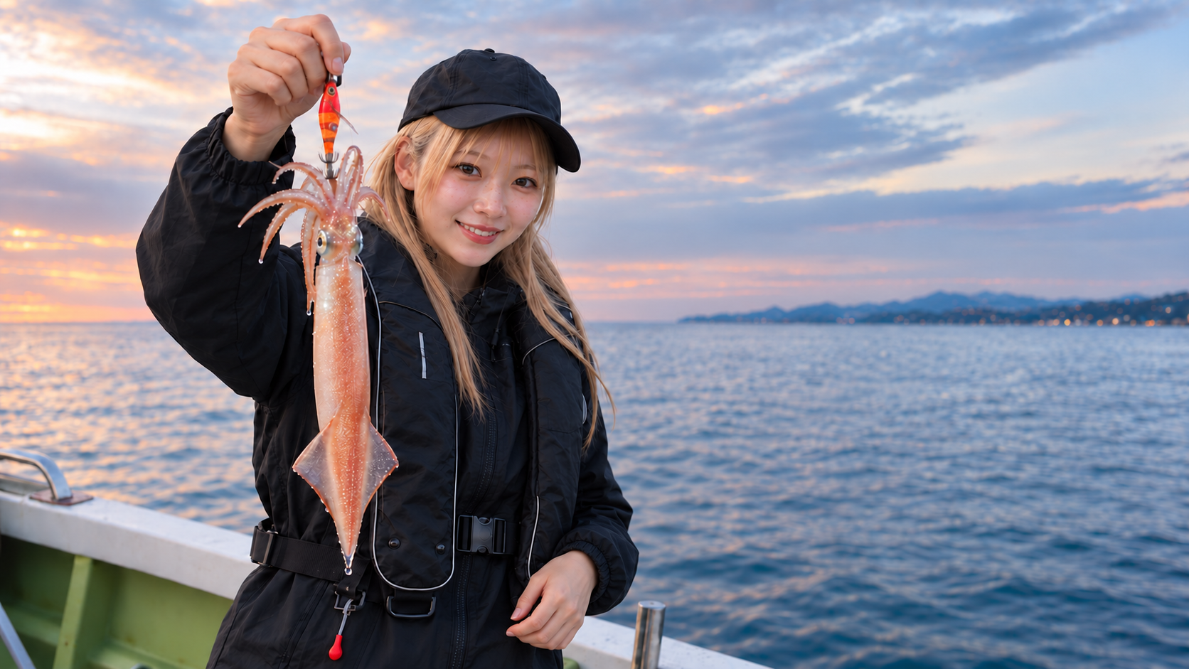 船上で釣ったイカを手前に掲げる女性アングラー