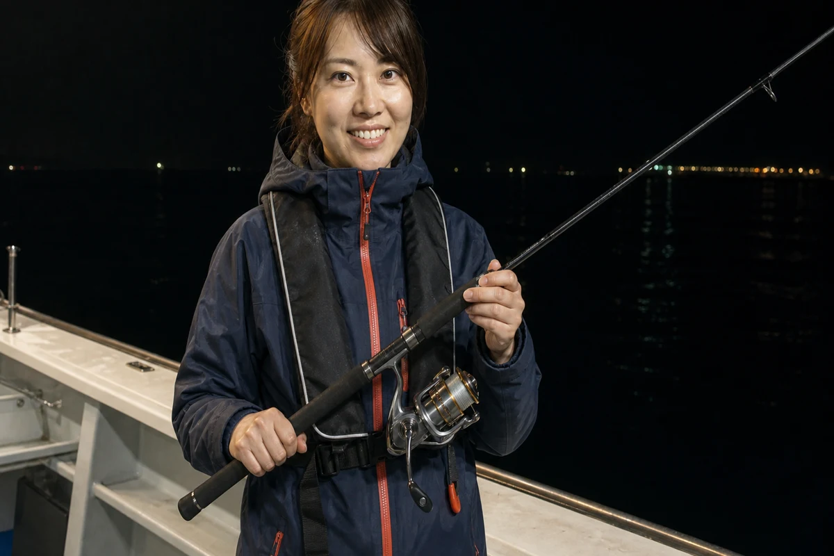 夜の遊漁船で7ft前後のロッドと4000番前後のスピニングリールを持つ女性