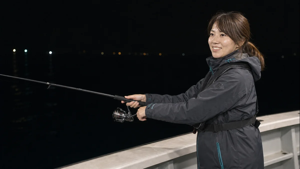 夜の遊漁船で後方を空け、長いスピニングロッドを低い軌道で海へ送り出す女性