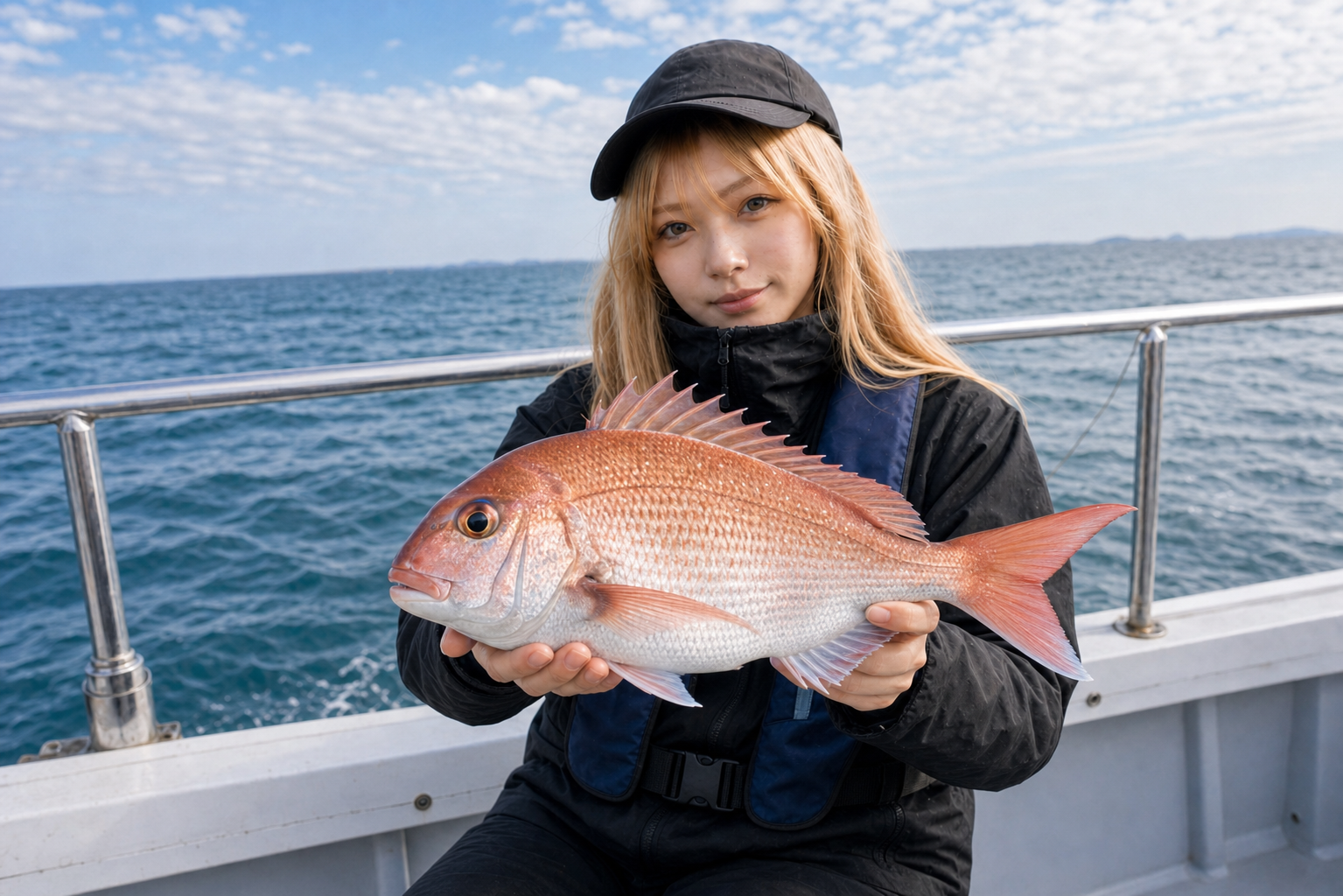 一つテンヤで釣れた真鯛を船上で持つ様子