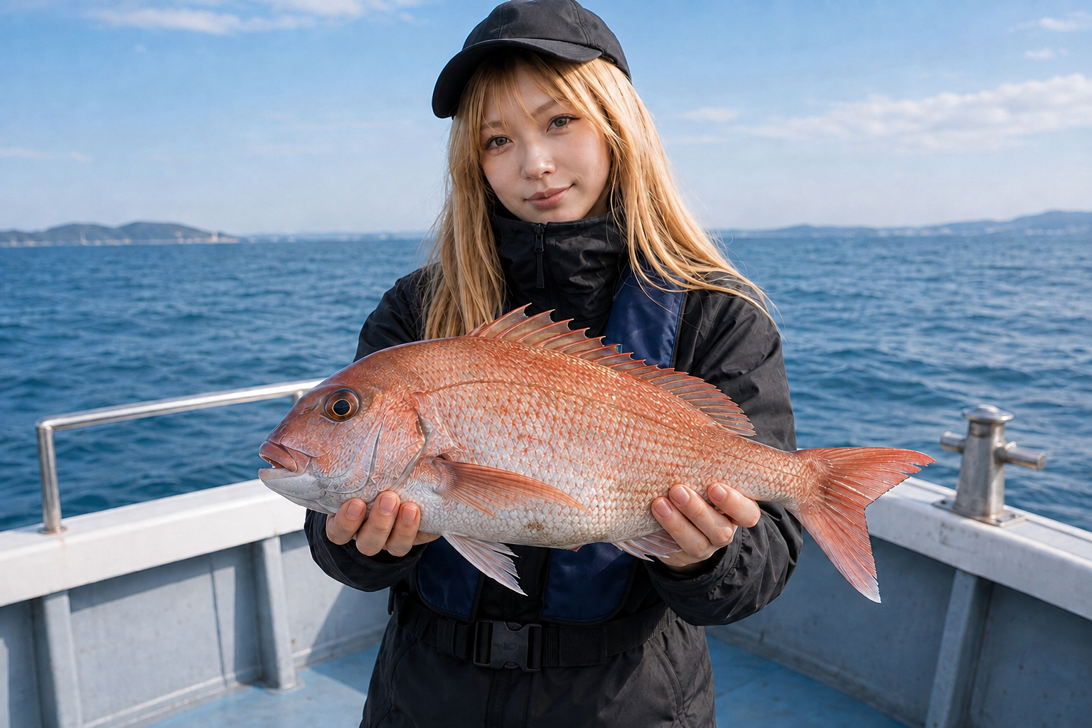 船上で真鯛を両手で持ち、釣果を見せる女性アングラー