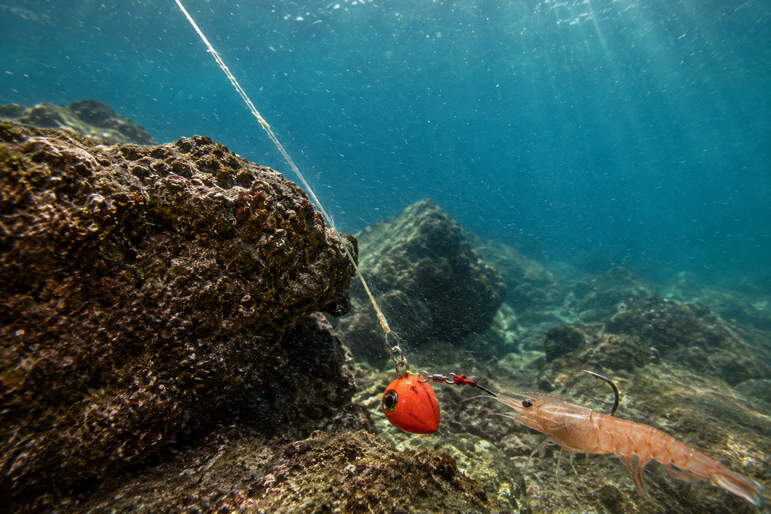 岩礁帯の海底で、岩の近くを通るリーダーとテンヤ。潮の流れを示す粒子が見える水中のイメージ
