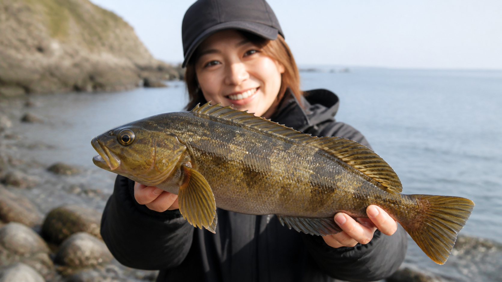 岸から釣ったアイナメを見せる女性アングラー