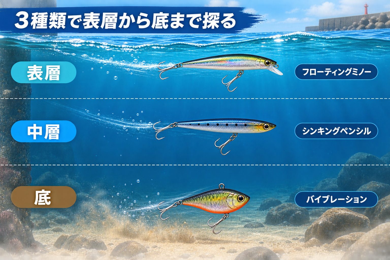 表層のミノー、中層のシンキングペンシル、底のバイブレーションを示した図