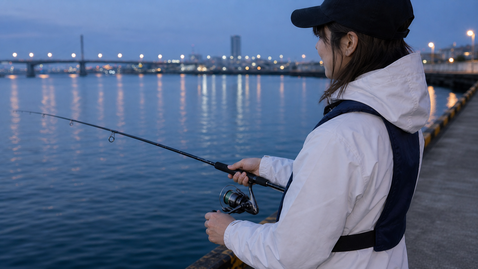 港で竿先を水面へ向け、スピニングリールをゆっくり巻く女性
