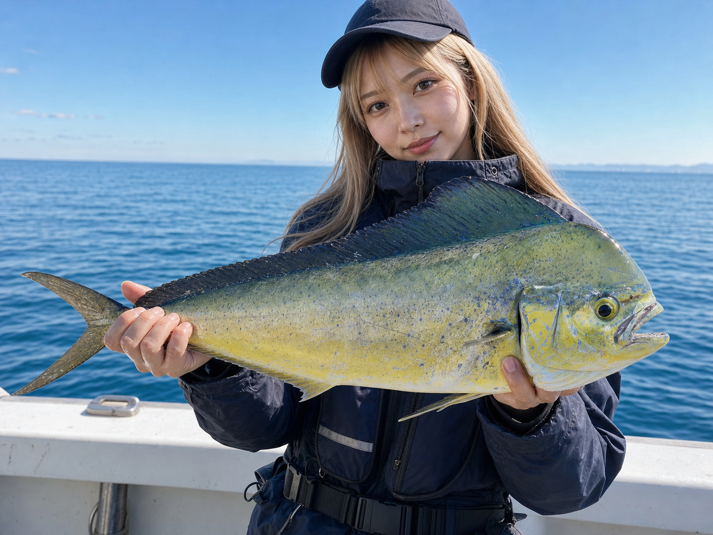 船上でシイラを持って釣果を見せる様子