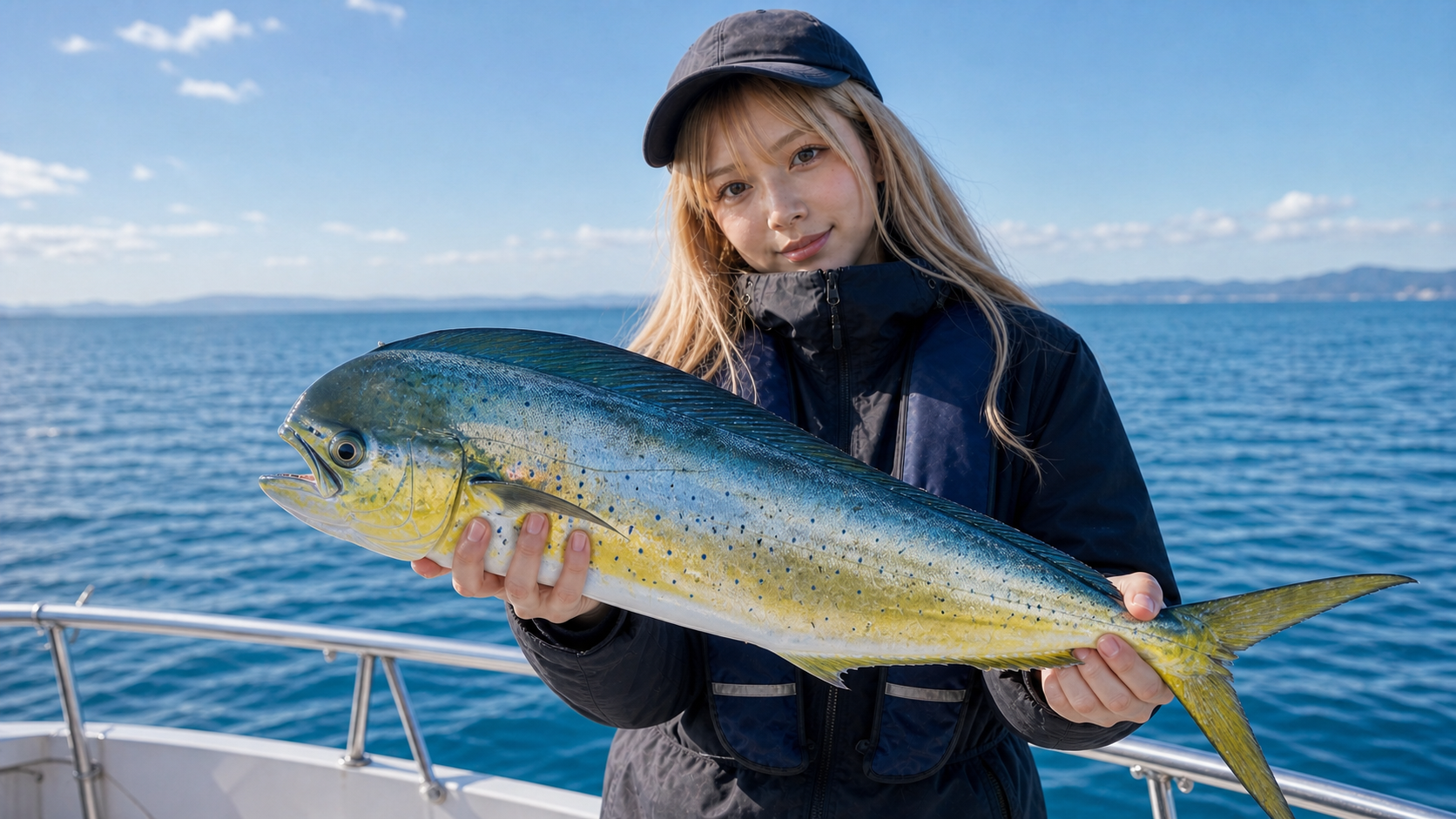 シイラキャスティングで釣れたシイラを船上で持つ様子