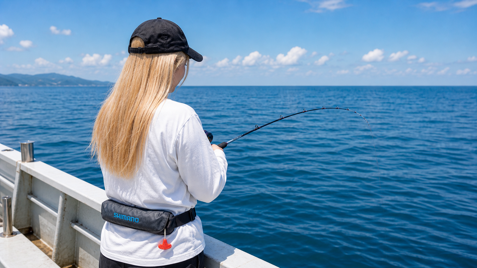 船上で太刀魚テンヤロッドを構える女性アングラー