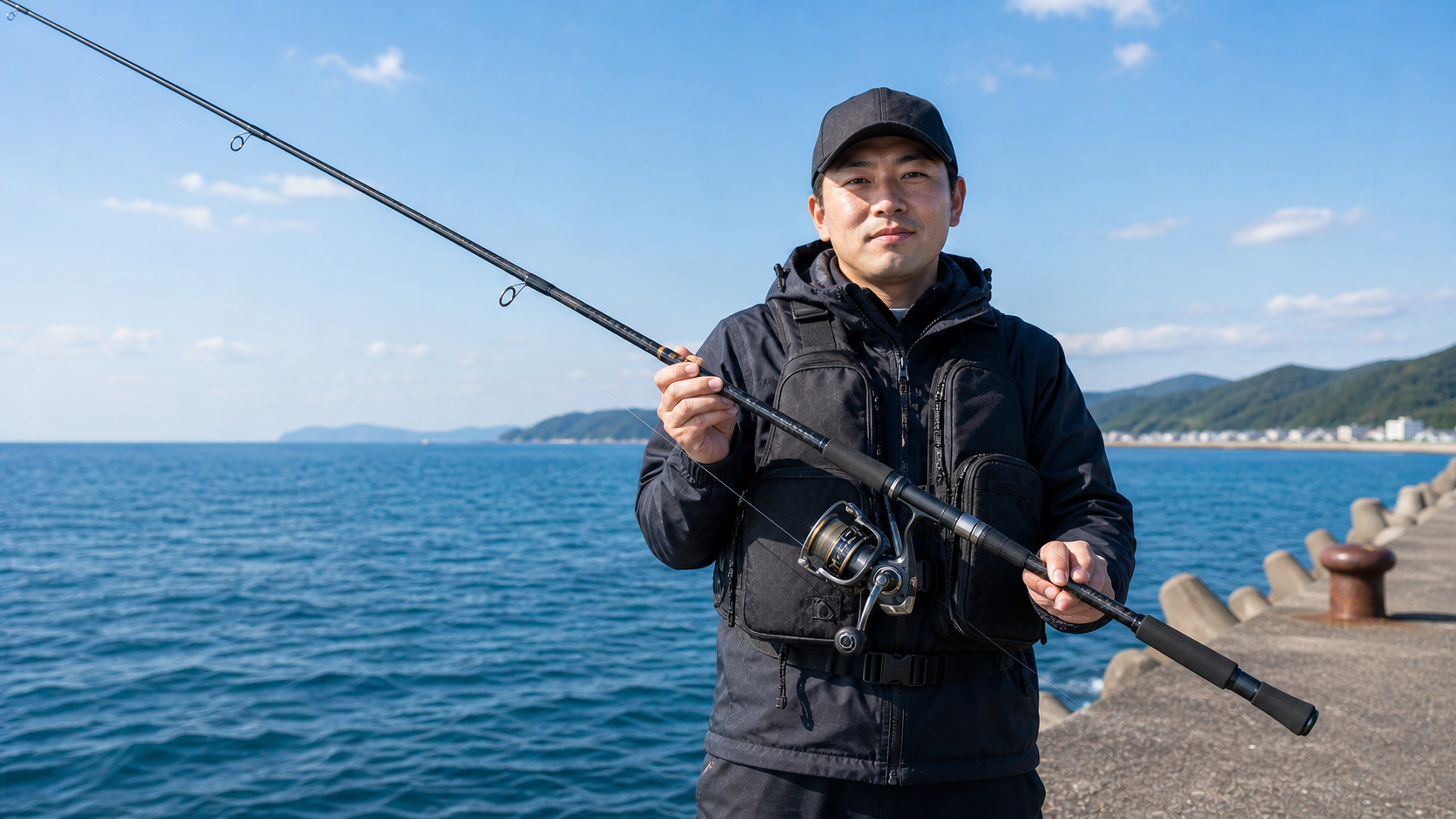 ショアジギングロッドとスピニングリールを持つ釣り人