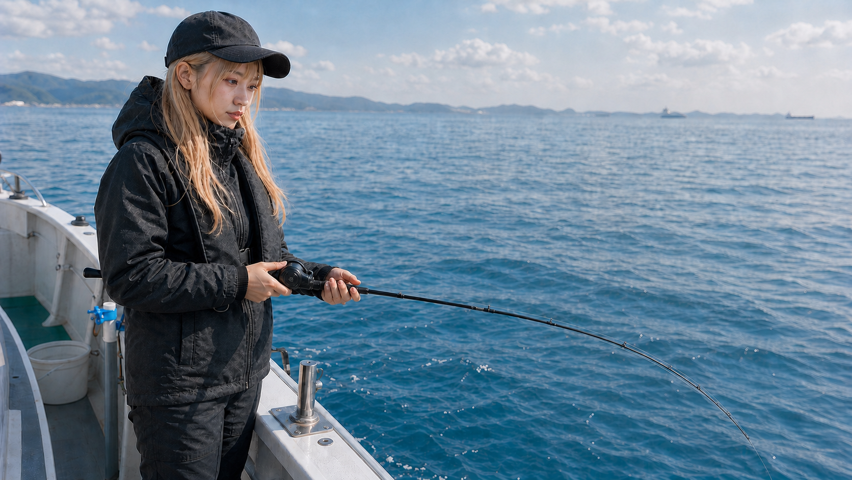 船上でベイトロッドを使い太刀魚テンヤを操作する女性