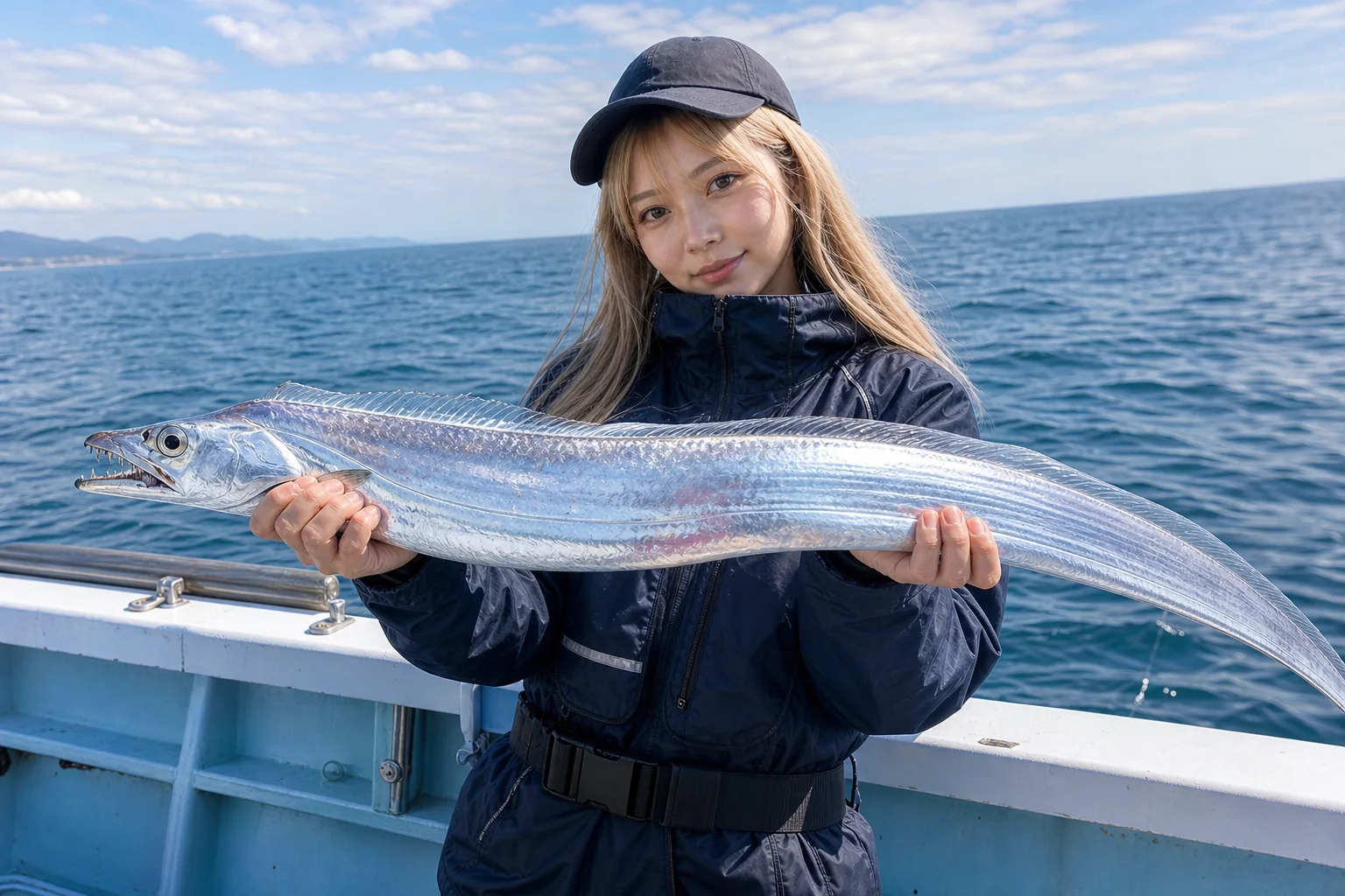 船上で釣り上げたタチウオを両手で見せる女性アングラー